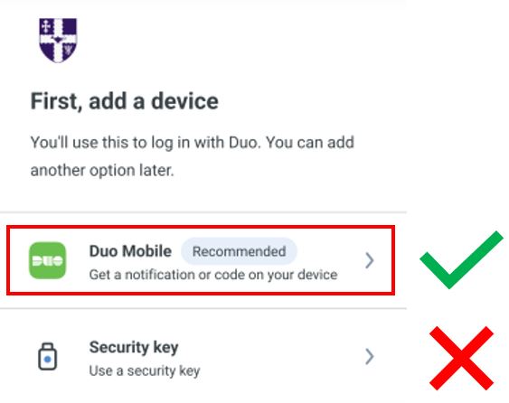 Prompt for mobile device option screen with a green tick and red cross, plus purple LU logo